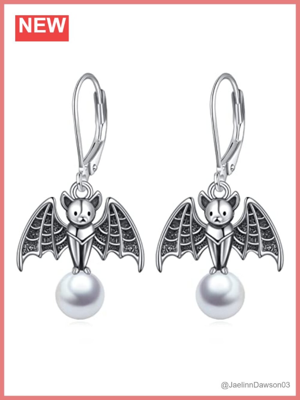 Bat Pearl Dangle Drop Earrings Sterling Silver Halloween Jewelry for Women